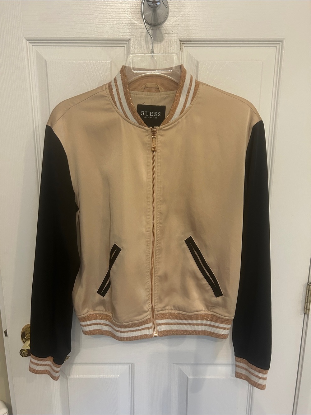 GUESS Beige Bomber Jacket with Black Sleeves